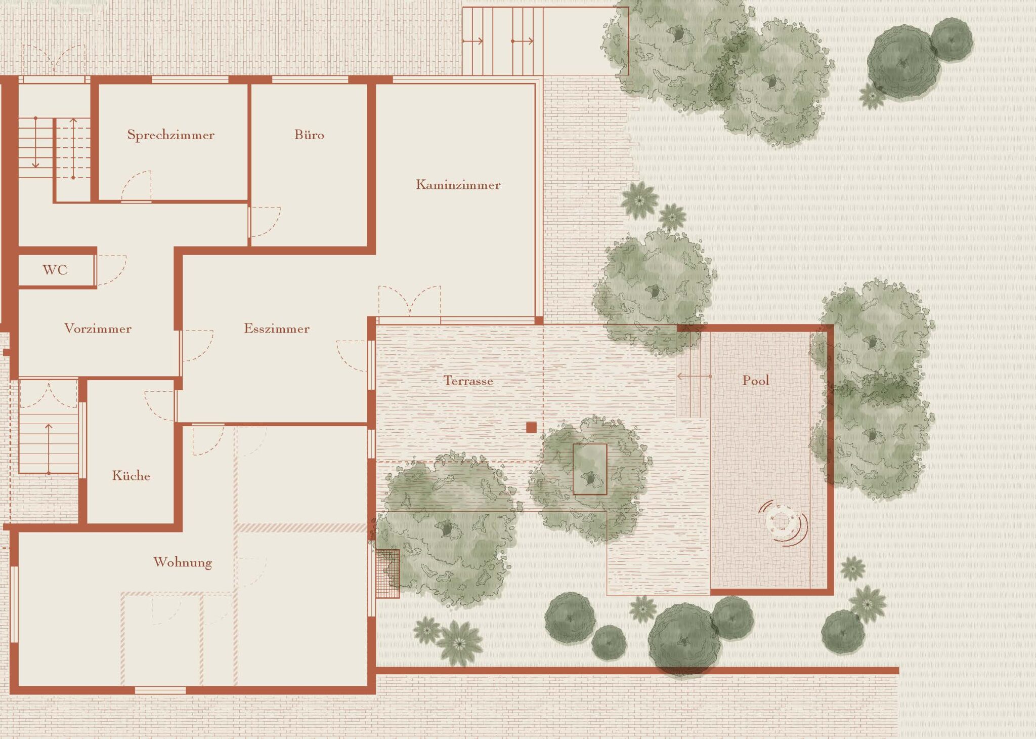 Grundriss des Gemeinschaftshauses mit Pool und Garten