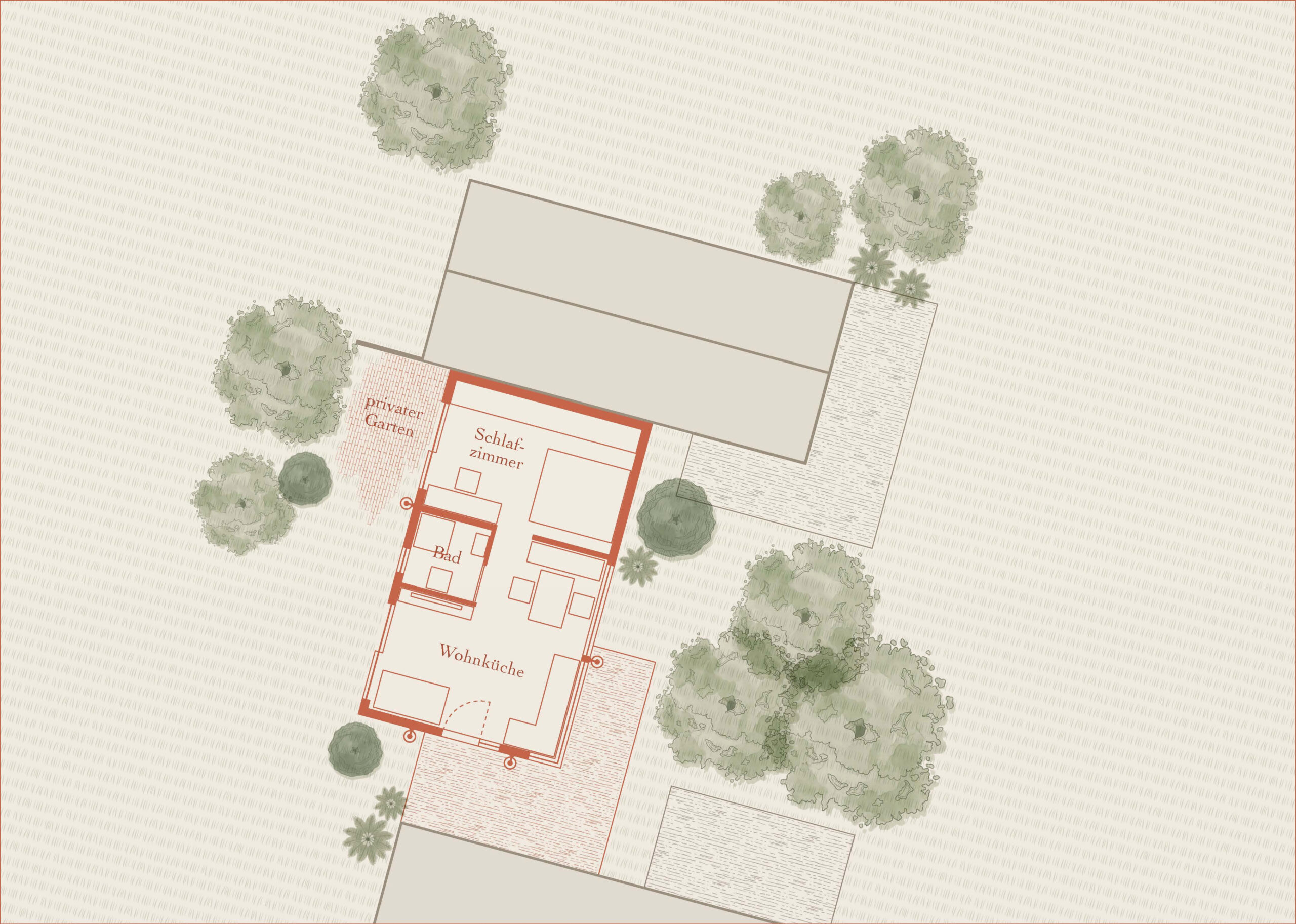 Grundriss von Haus 1 mit Garten